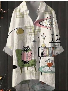 Retro Illustrated White Women's Button-Up Shirt - Cat Reading Print